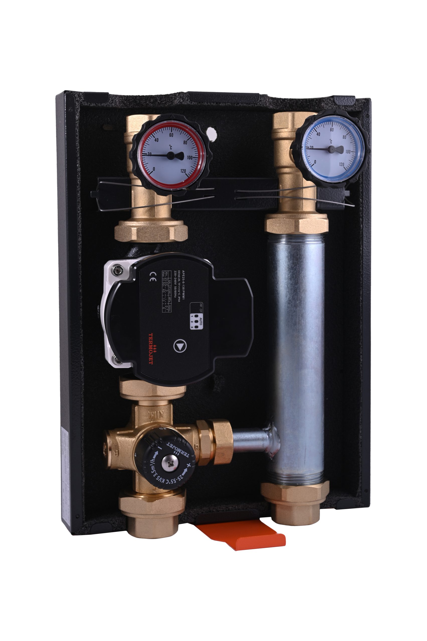 Grupa pompowa Termojet z zaworem termostatycznym 25–55 °C 1" GW w obudowie termoizolacyjnej bez pompy GP-46 (wersja lewa)